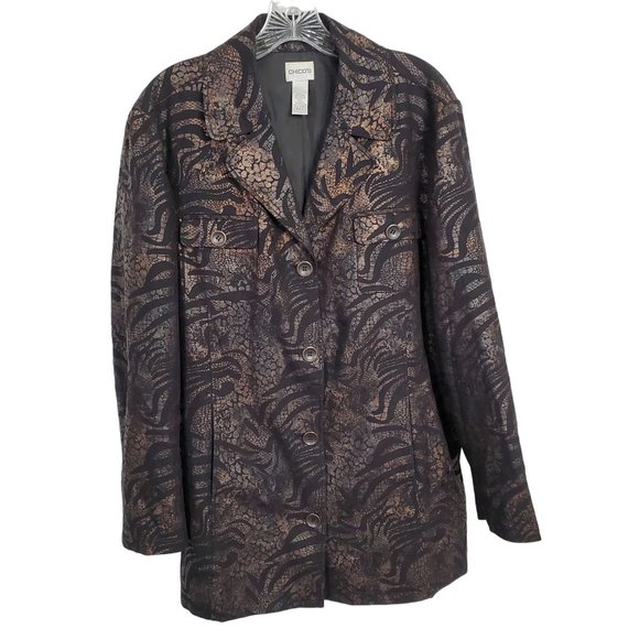 Chico's XL Size 3 Jacket Blazer Linen Blend Safari Exotic Animal Print Pockets - Picture 2 of 10